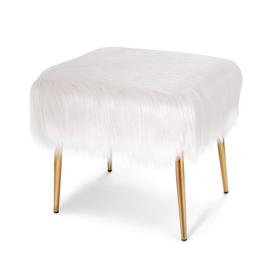 Faux Fur Vanity Stool with Golden Metal Legs for Makeup Room, White