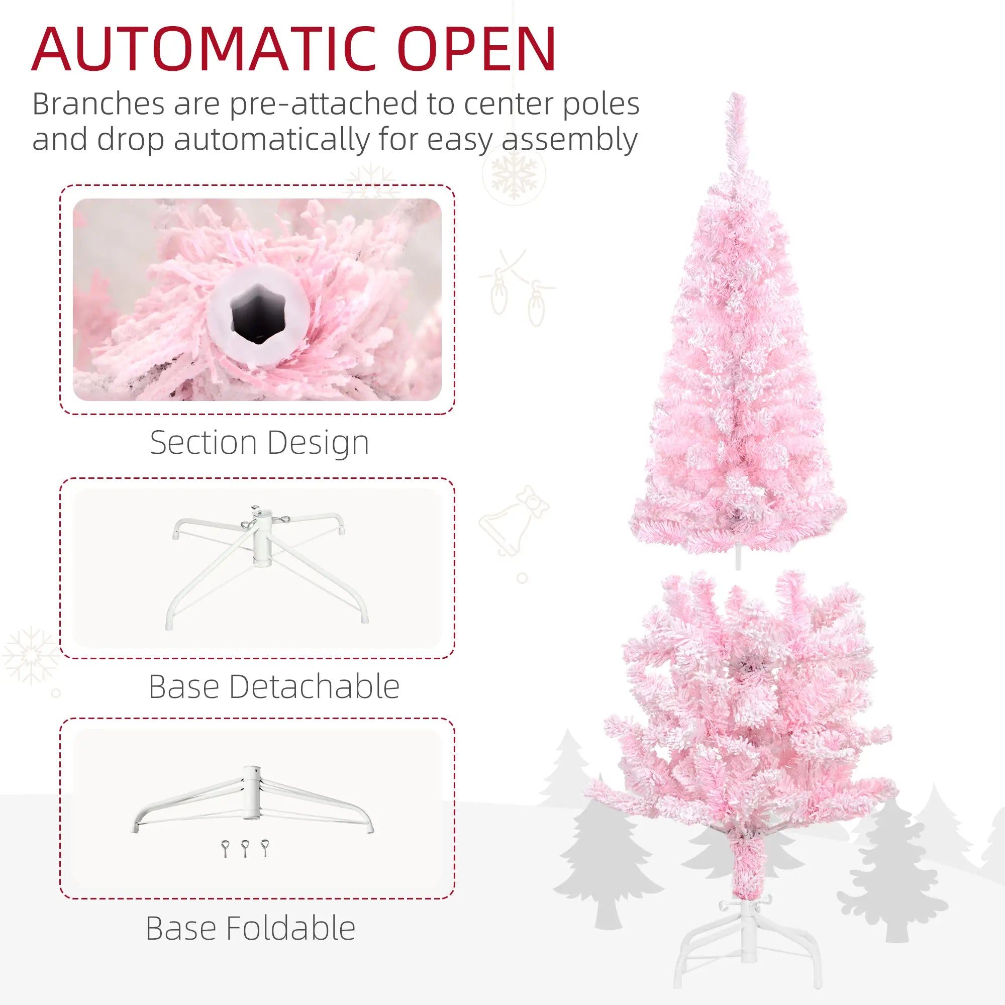 4 ft Flocked Pencil Christmas Tree, Realistic Branches, Auto Open, Steel Base, Pink Pencil Christmas Trees at Gallery Canada