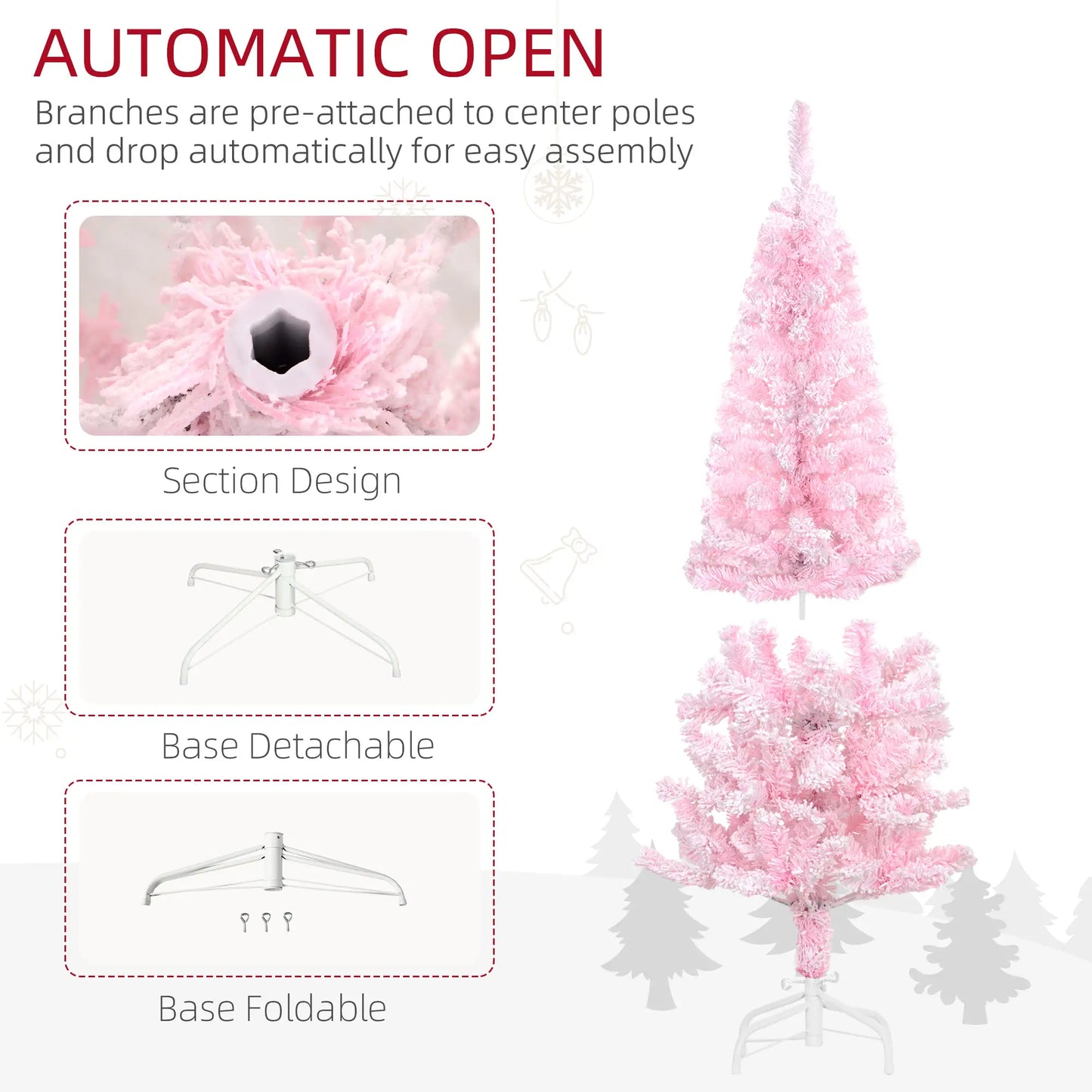 4 ft Flocked Pencil Christmas Tree, Realistic Branches, Auto Open, Steel Base, Pink Pencil Christmas Trees at Gallery Canada