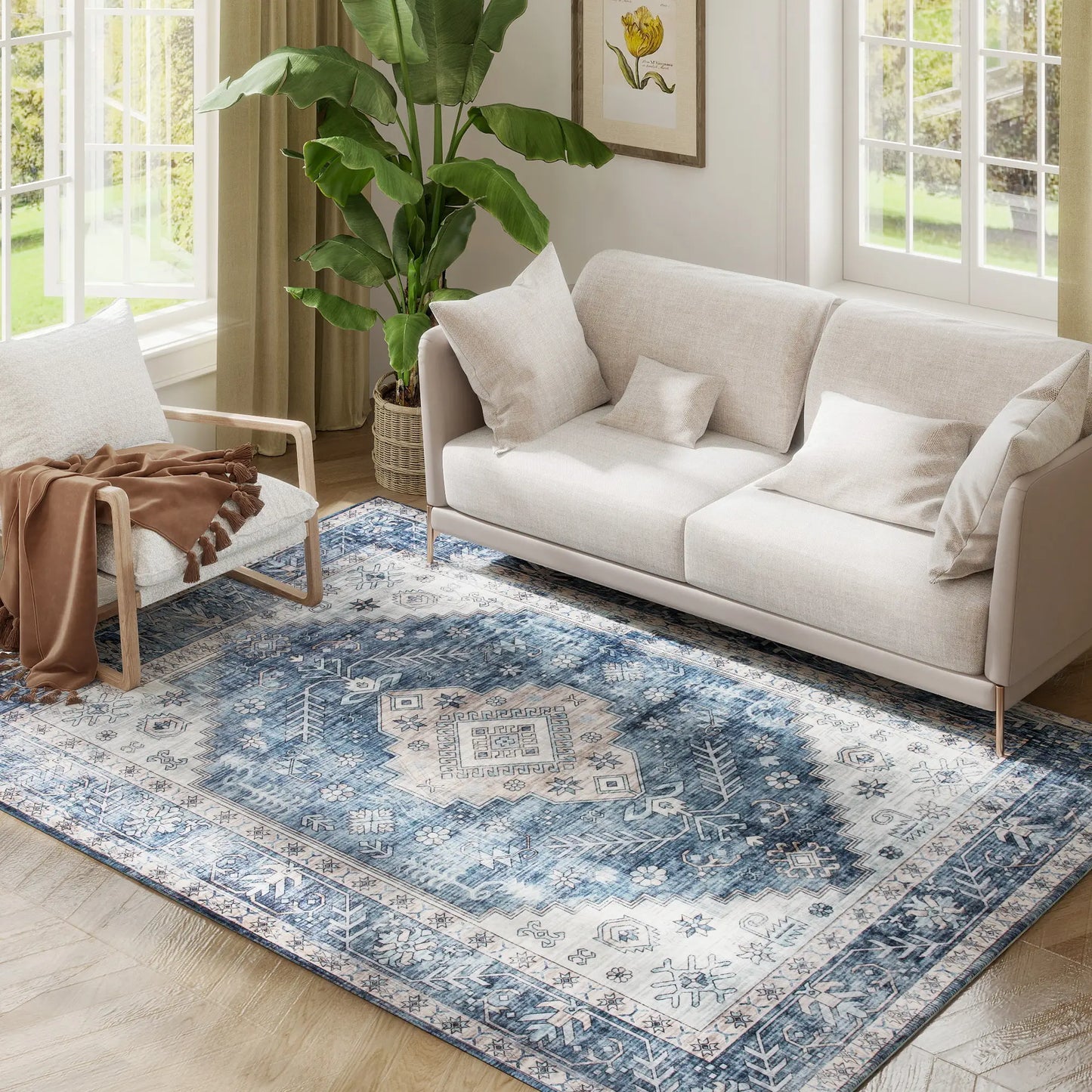 5x7 Area Rug, Vintage Washable, Non-Slip, Living Room, Bedroom, Blue Living Room Furniture at Gallery Canada