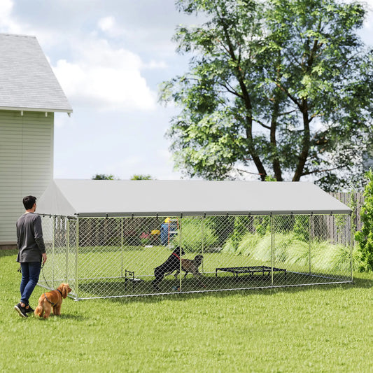 Galvanized Steel Outdoor Dog Kennel With Roof, Safety Locks, 19.7' x 9.8' x 7.1' Dog Kennels Silver at Gallery Canada