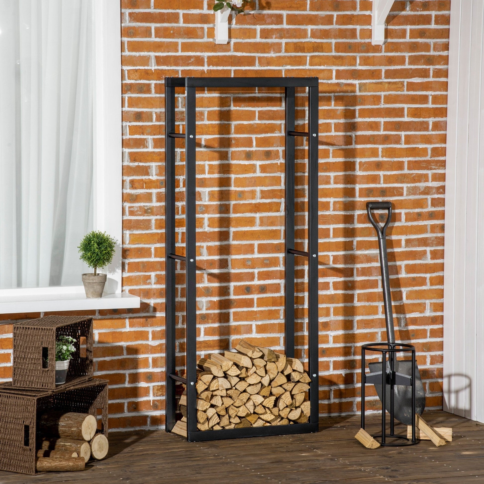 Firewood Rack Log Holder Fireplace Storage Rack with Handles and 220 lbs. Weight Capacity, 23.6" x 9.8" x 59.1", Black at Gallery Canada