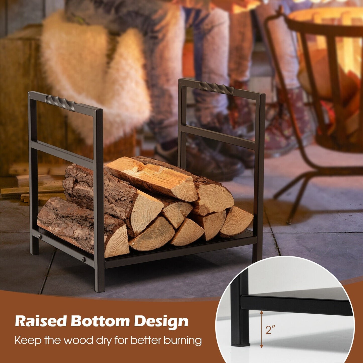 Firewood Log Rack with Unique Handle and Raised Feet, Black