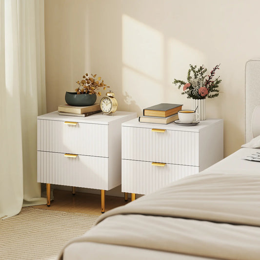 Bedside Table, Modern Nightstand with 2 Drawers, Side End Table with Metal Legs for Living Room, Bedroom, White