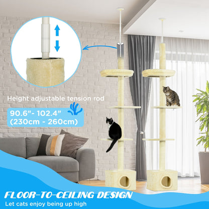 Floor to Ceiling Cat Tree with Scratching Post for Indoor Cats, Adjustable Height Cat Tower (91-102 Inches) with House, Bed, Beige at Gallery Canada