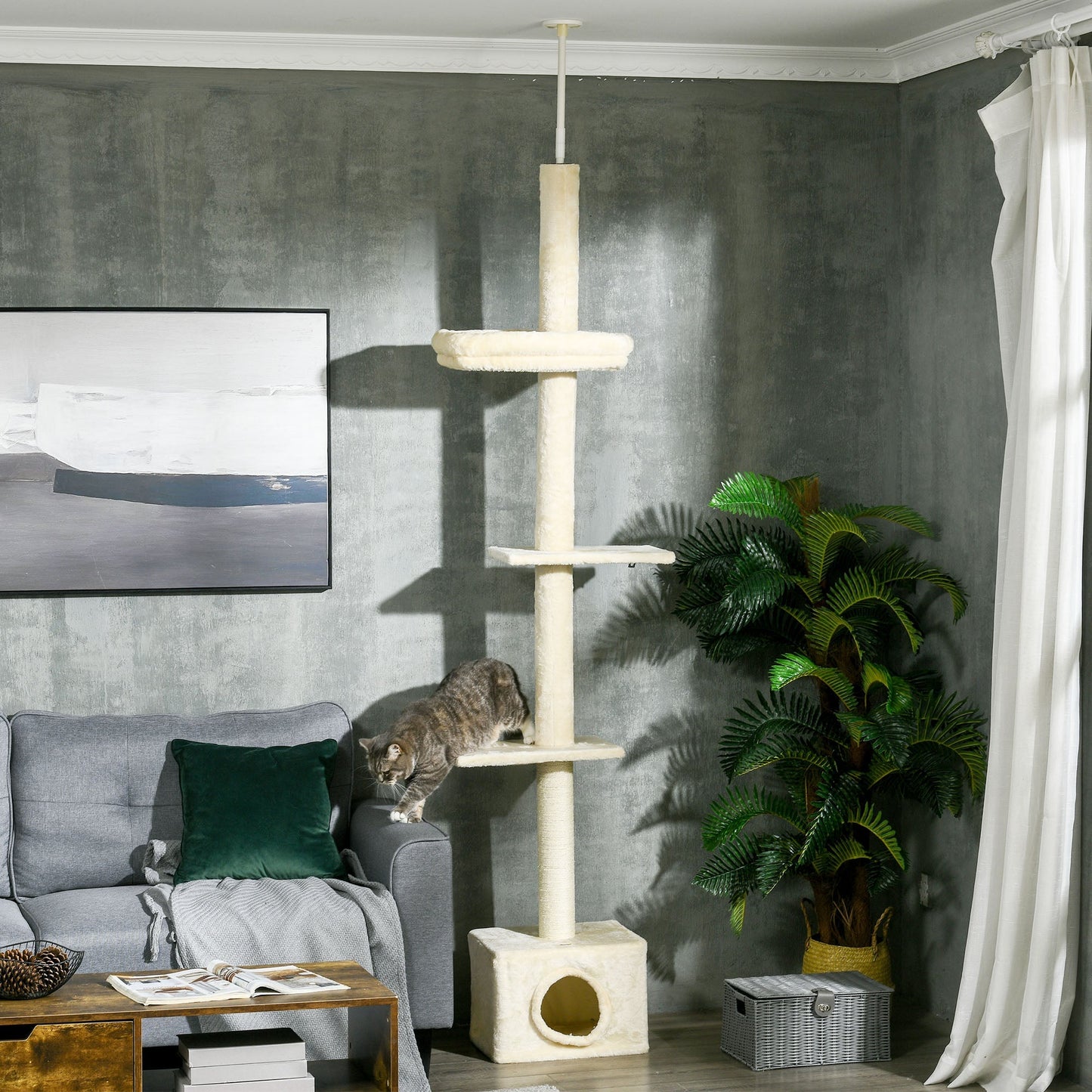 Floor to Ceiling Cat Tree with Scratching Post for Indoor Cats, Adjustable Height Cat Tower (91-102 Inches) with House, Bed, Beige at Gallery Canada