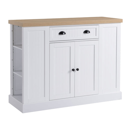 Fluted-Style Wooden Kitchen Island with Storage Cabinet and Drawer, Butcher Block Island for Dining Room, White
