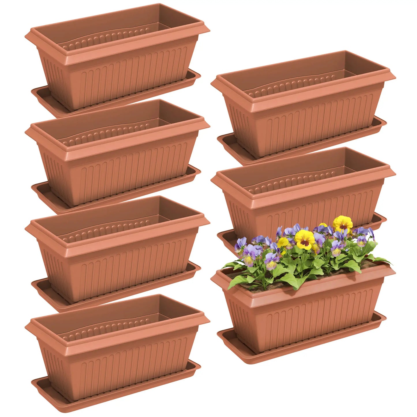 7 Pack 15.7" Plastic Flower Planters, Drainage Holes, Trays, Brown Garden Accessories at Gallery Canada