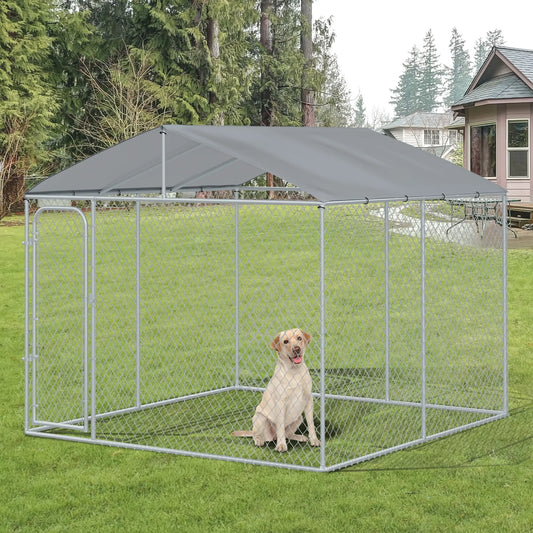 Outdoor Dog Kennel With Roof, Steel Lock, Mesh Sidewalls, 9.8' x 9.8' x 7.7' Houses, Kennels & Pens Silver at Gallery Canada