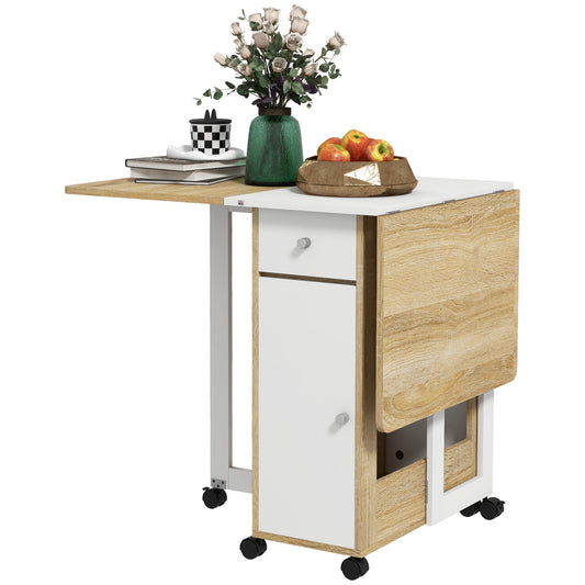 Foldable Dining Table, Movable Drop Leaf Table for Small Spaces with 2 Drawers, Cabinet and Caster Wheels, Folding Table for Kitchen, Dining Room, Oak at Gallery Canada