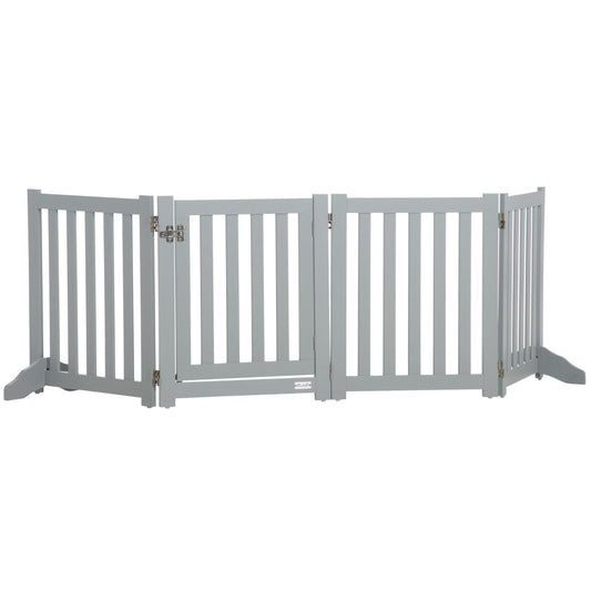 Foldable Dog Gate with Door, 4 Panels Freestanding Pet Gate with Support Feet Indoor Playpen for Small Dogs and Below, Grey - Gallery Canada