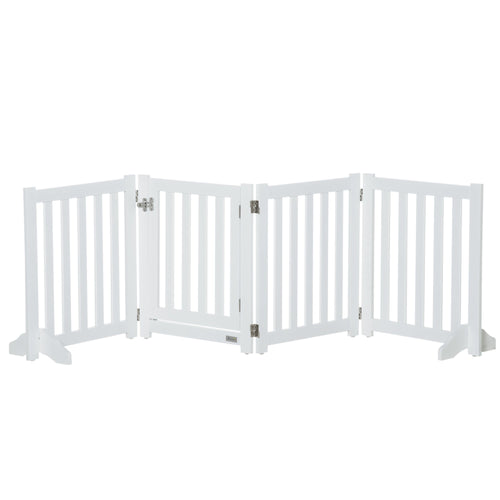 Foldable Dog Gate with Door, 4 Panels Freestanding Pet Gate with Support Feet Indoor Playpen for Small Dogs and Below, White