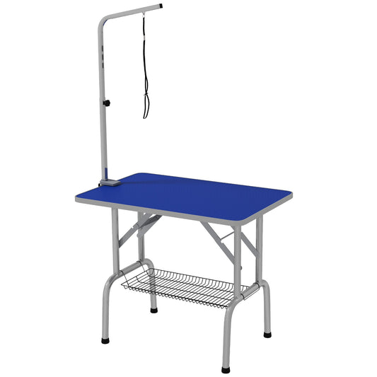 Foldable Grooming Table for Dogs with Height Adjustable Grooming Arm, Storage Shelf, Blue - Gallery Canada