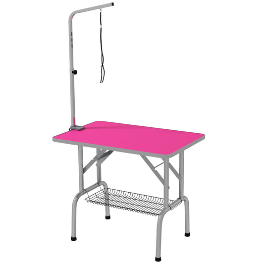 Foldable Grooming Table for Dogs with Height Adjustable Grooming Arm, Storage Shelf, Pink - Gallery Canada