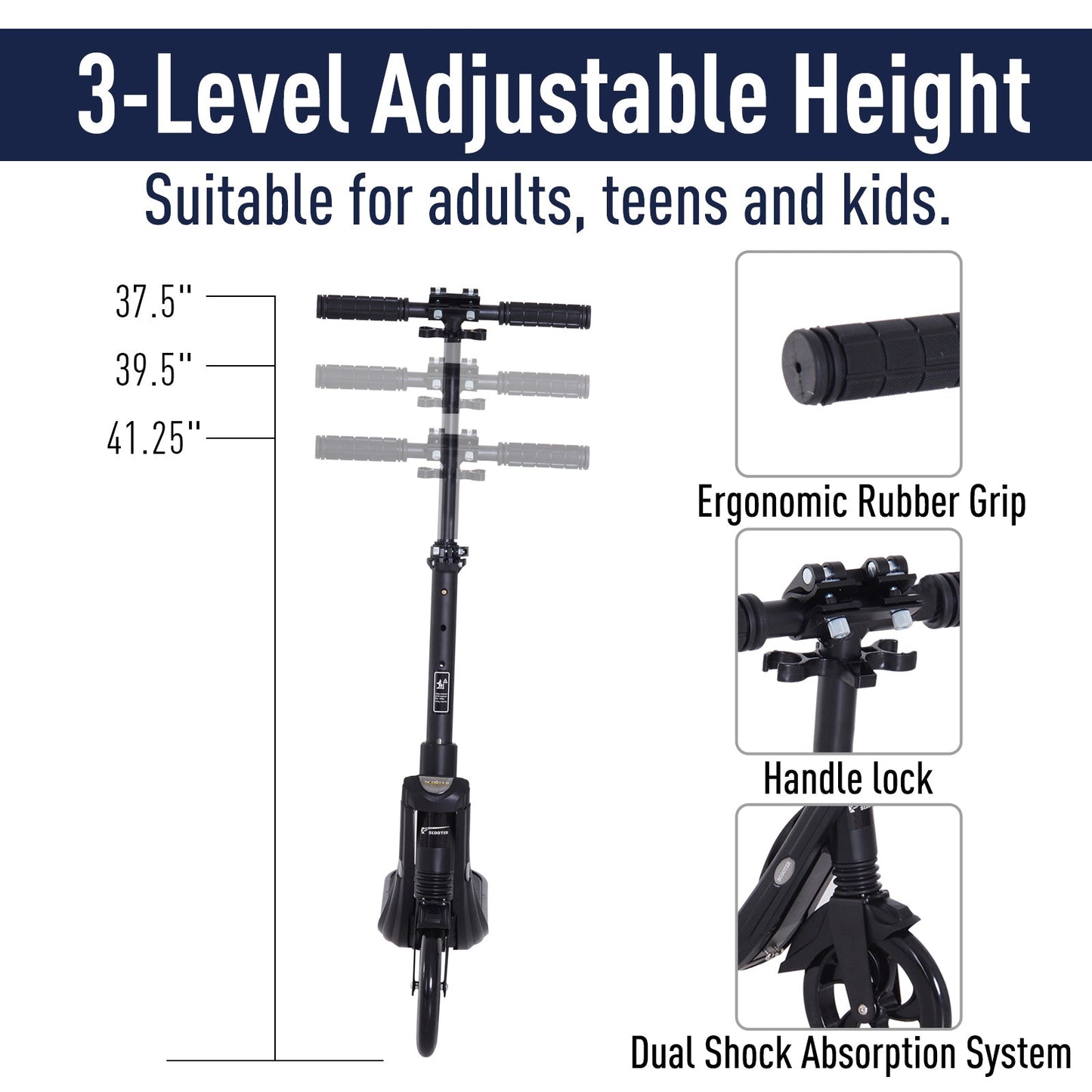 Foldable Kick Scooter with Adjustable Handlebar, Rear Brake, Dual Shock-Absorbing and Large Solid PU Tires Aluminum Frame for 14 Years Old and Up Teens Adult, Black at Gallery Canada