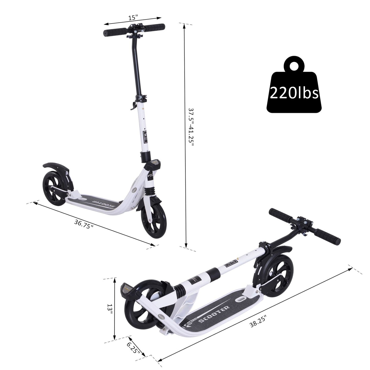Foldable Kick Scooter with Adjustable Handlebar, Rear Brake, Dual Shock-Absorbing and Large Solid PU Tires Aluminum Frame for 14 Years Old and Up Teens Adult, White at Gallery Canada
