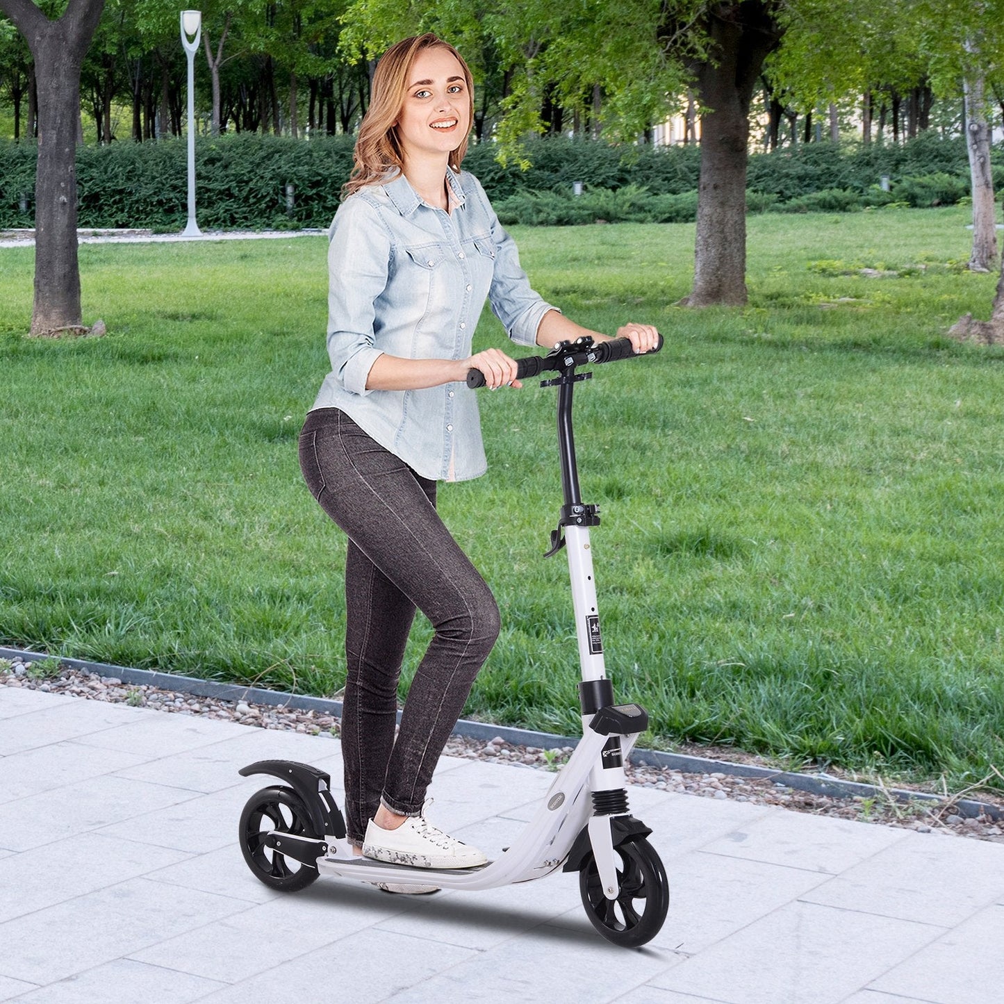 Foldable Kick Scooter with Adjustable Handlebar, Rear Brake, Dual Shock-Absorbing and Large Solid PU Tires Aluminum Frame for 14 Years Old and Up Teens Adult, White at Gallery Canada