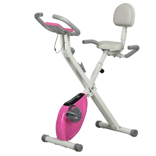 Foldable Magnetic Exercise Bike Indoor Stationary Upright Fitness Cycling Bike, 8 Level Quiet Magnetic Resistance, Pink