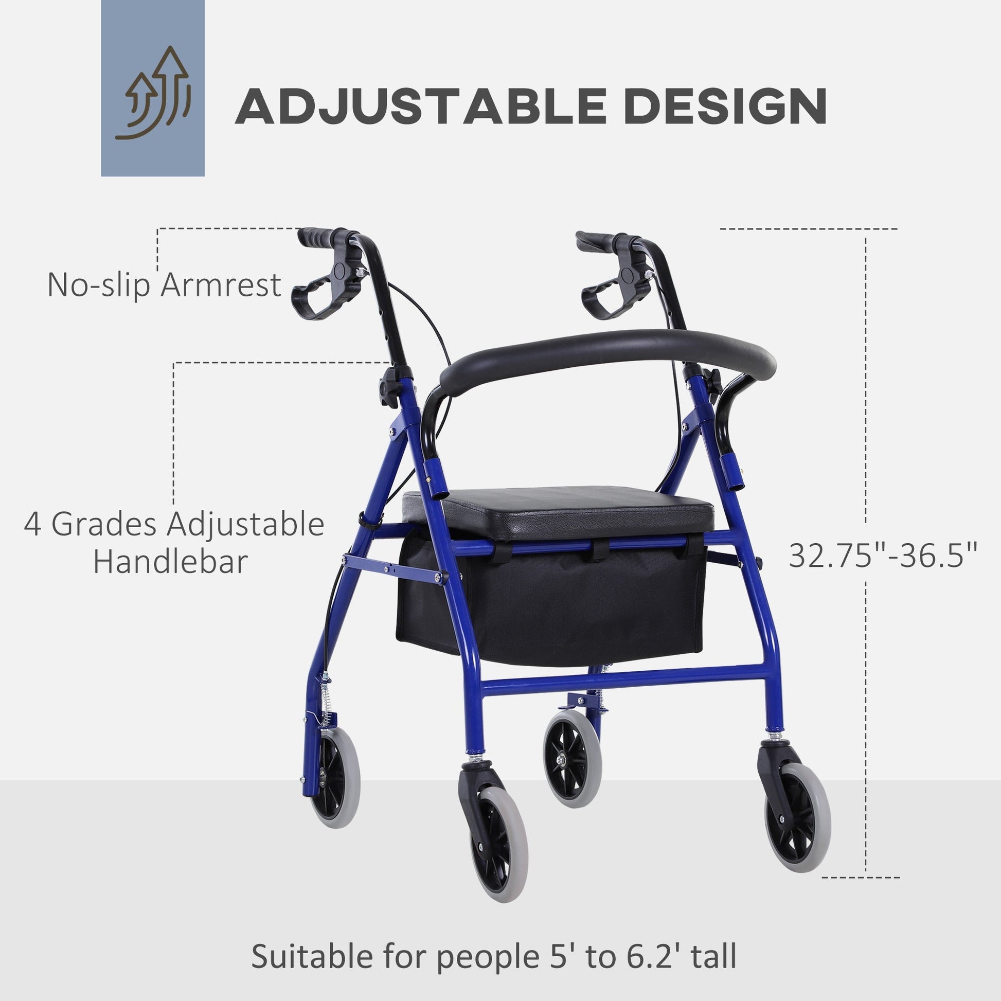 Folding Aluminum Rollator Walker with Adjustable Handle Height, Cushioned Flip Up Seat and Convenient Storage Bag, Rolling Wheels with 2 Barker, Blue at Gallery Canada