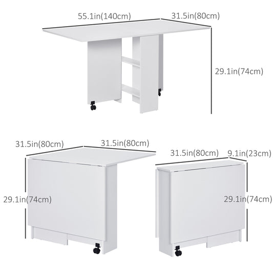 Folding Dining Table, Drop Leaf Table for Small Spaces with 2-tier Shelves, Small Kitchen Table with Rolling Casters, White at Gallery Canada