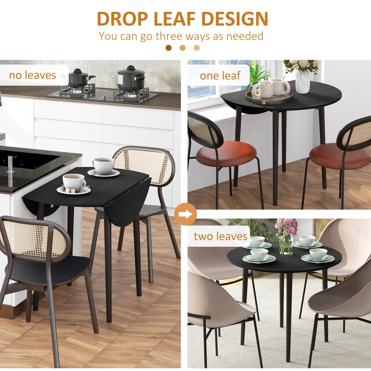 Folding Dining Table, Round Drop Leaf Kitchen Table for Small Spaces with Wood Legs, Distressed Black at Gallery Canada