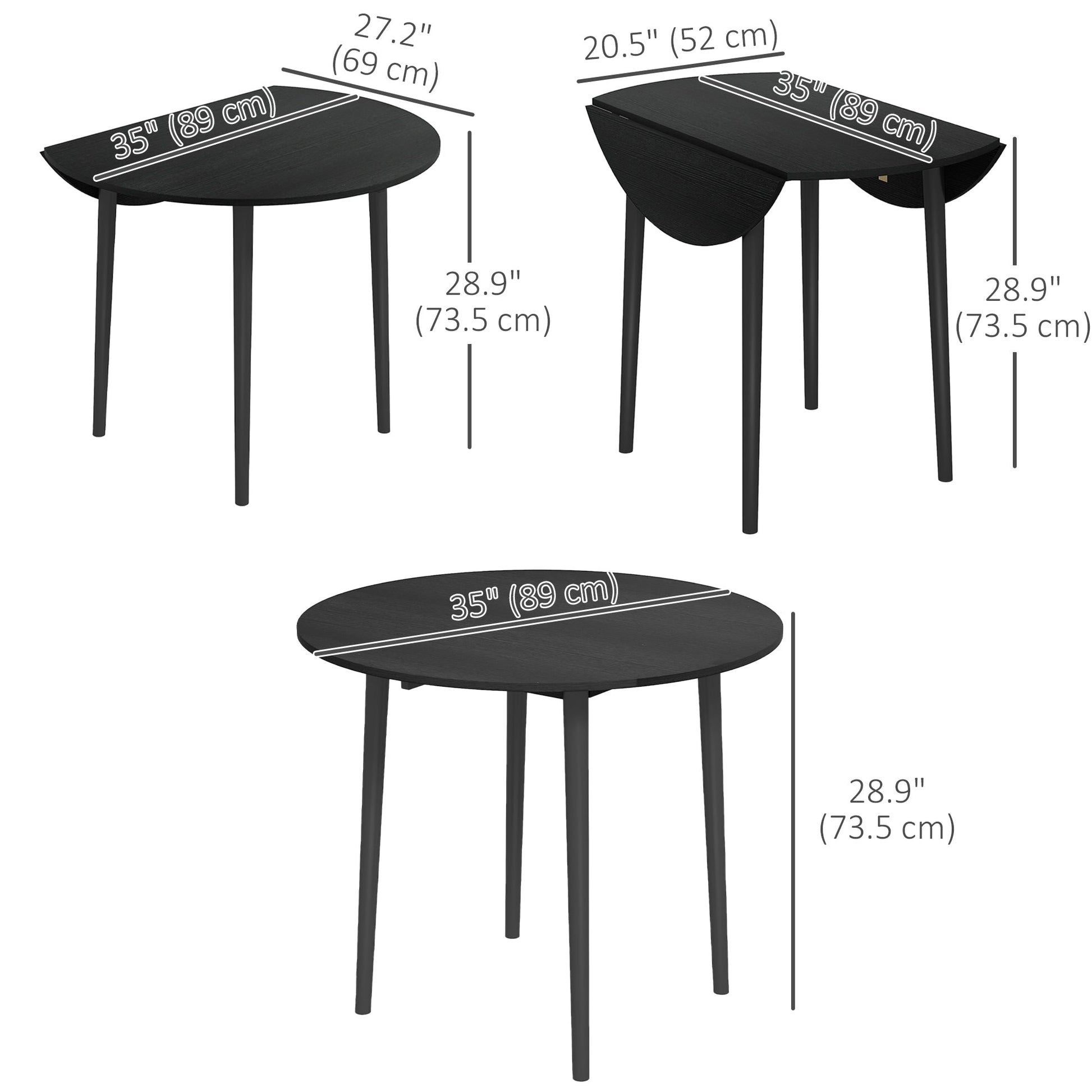 Folding Dining Table, Round Drop Leaf Kitchen Table for Small Spaces with Wood Legs, Distressed Black at Gallery Canada