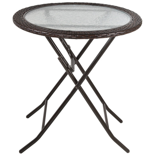 Folding Round Tempered Glass Metal Table with Brown Rattan Edging, Brown - Gallery Canada