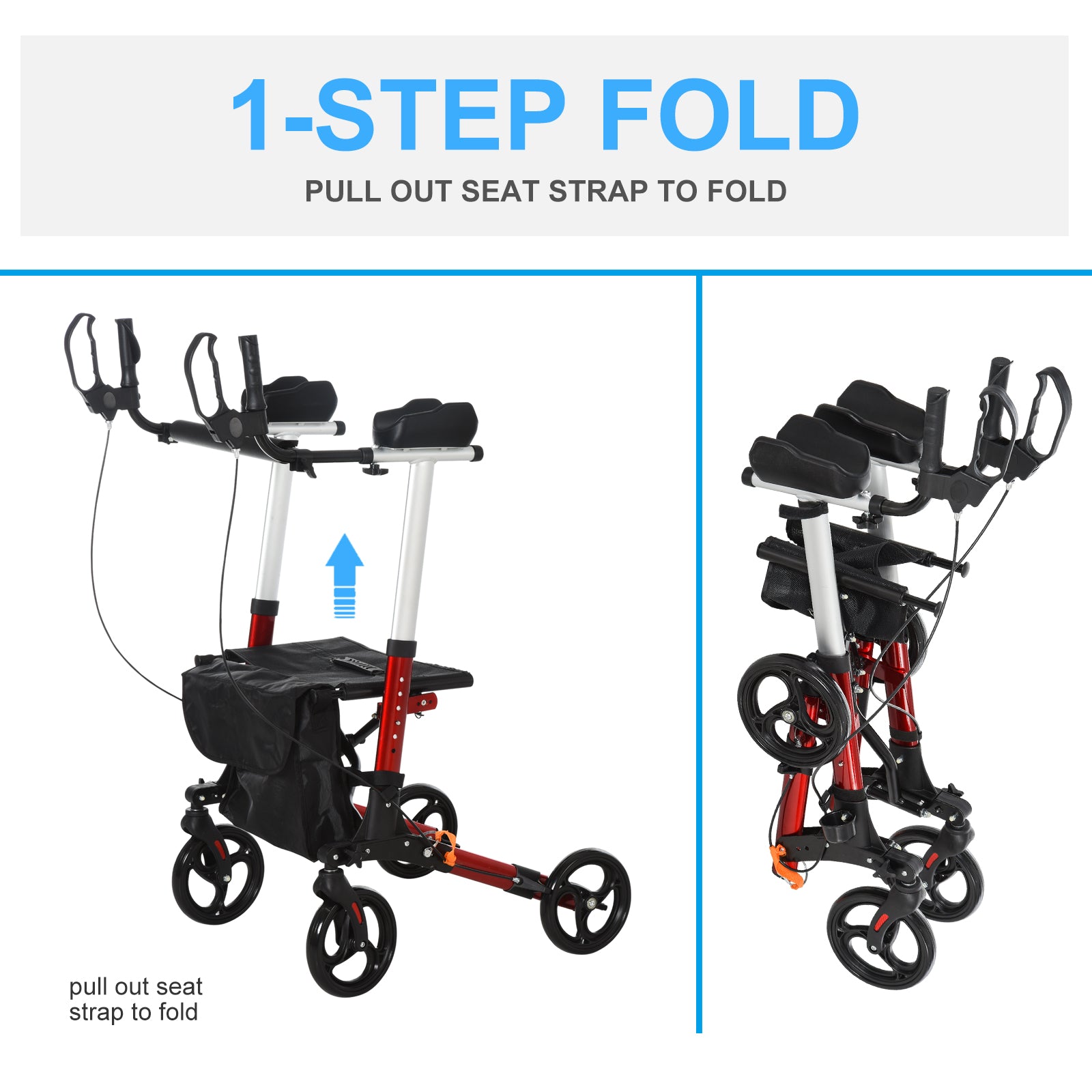 Folding Upright Rollator Walker Lightweight, Height Adjustment with Armrest, 1 Hand Folding Design with Removable Storage Bag, Crutch Holder Stand Up Walking Aid at Gallery Canada