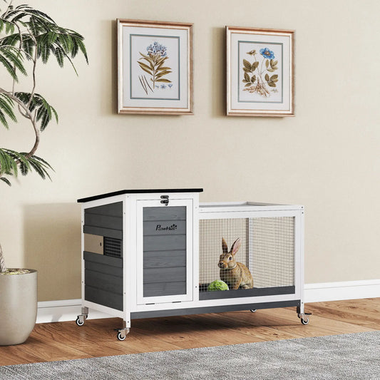 Clapier en bois, Bac amovible, Toit ouvrant, Cage pour petits animaux sur roues, Gris