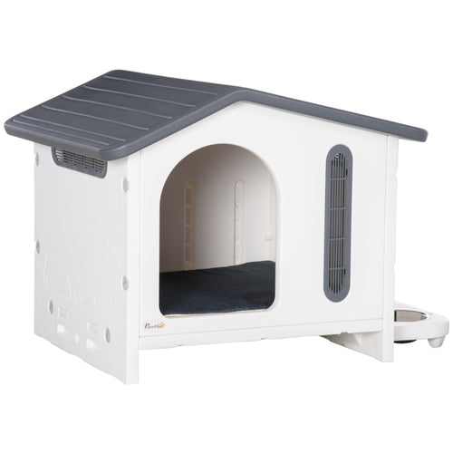 Plastic Dog House with Air Vents, Small Dog House with Door Opening, Elevated Floor, Bowl Holder, 2 Bowls, Soft Washable Cushion, for Small Sized Dogs, White