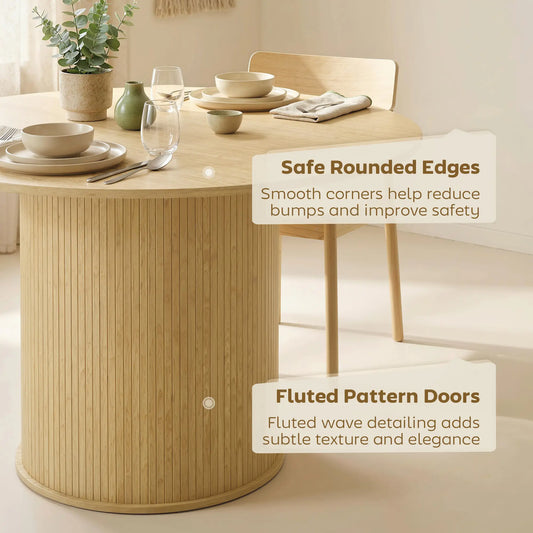 Round Dining Table For 5, 47 Inch, Fluted Pedestal Base, Natural Dining Tables at Gallery Canada