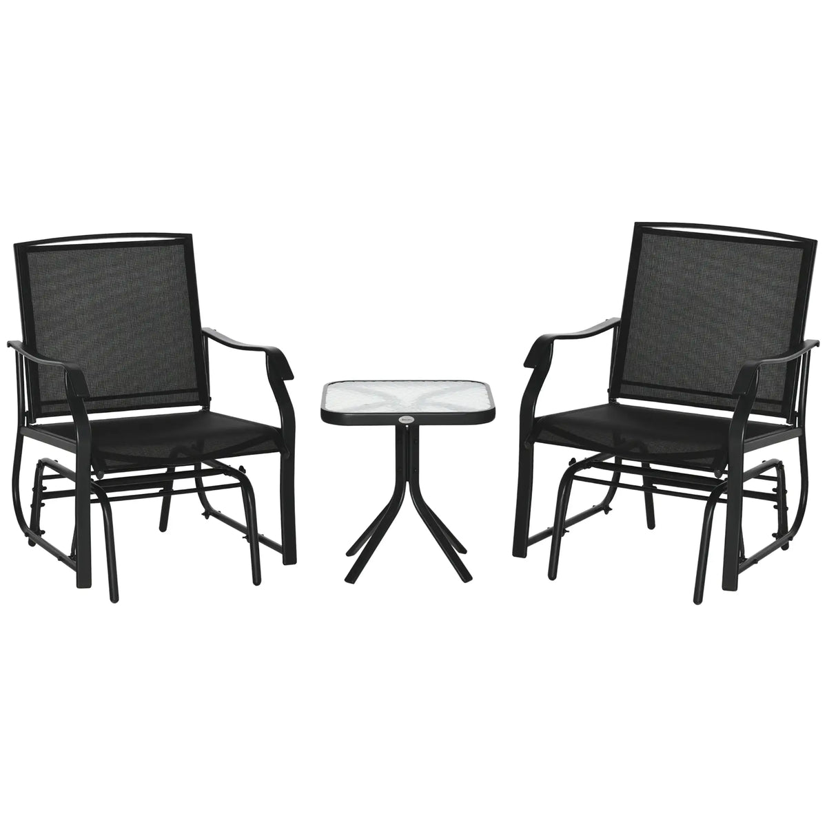 3 Piece Patio Glider Set with Mesh Seats, Glass Table, Black Outdoor Gliders at Gallery Canada