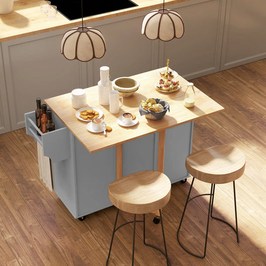 Rolling Kitchen Cart with Drop Leaf, 3 Drawers, Solid Wood Top, Towel Rack, Grey