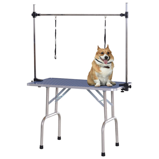 Adjustable Dog Grooming Table Rubber Top 2 Safety Slings Mesh Storage Basket Heavy Metal Blue 42.25"x 23.5" x 67" - Gallery Canada