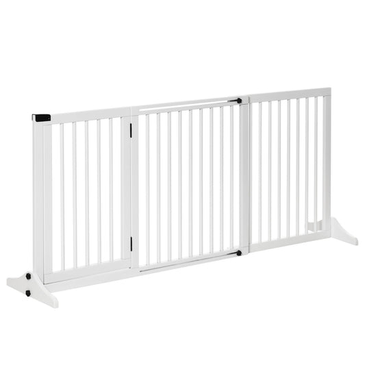 Freestanding Length Adjustable Wooden Pet Gate with Lockable Door 3 Panels, White - Gallery Canada