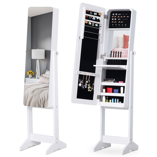 Freestanding Mirrored Jewelry Cabinet, LED Lighted Jewelry Armoire, Storage Organizer with Stand, Angle Adjustable White - Gallery Canada