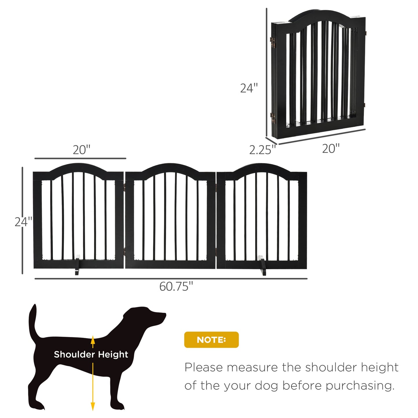 Freestanding Pet Gate for Dogs 24" Tall Foldable Dog Gates Indoor Wooden Barrier 3 Panels with 2 Support Feet, for Doorway Stairs, Black at Gallery Canada