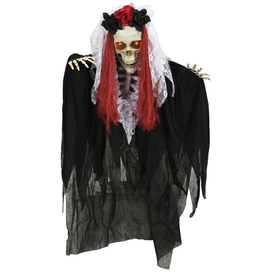 39 Inch Life Size Outdoor Halloween Bride Skeleton Decoration with Red Hair, Animated Prop with Sound and Motion Activated, Light Up Eyes, Howling Sound, Posable Arms, Moving Body