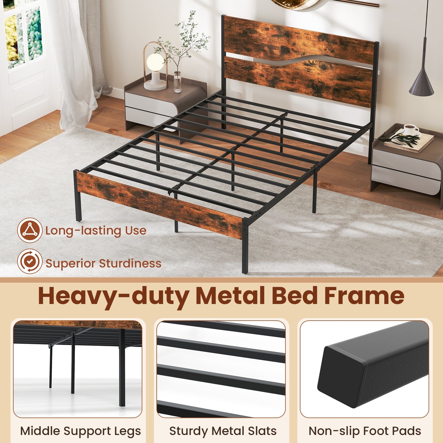 Metal Bed Frame With Wooden Headboard, Full Size, Rustic Brown Simple Bed Frame at Gallery Canada