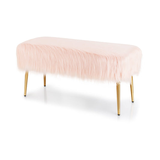 Upholstered Faux Fur Vanity Stool with Golden Legs for Makeup Room, Pink