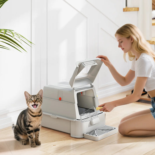 80L XL Stainless Steel Cat Litter Box, Flip Cover, Pull-Out Drawer, High Sided, Pedal, Light Grey Cat Litter Box Enclosures Light Grey at Gallery Canada