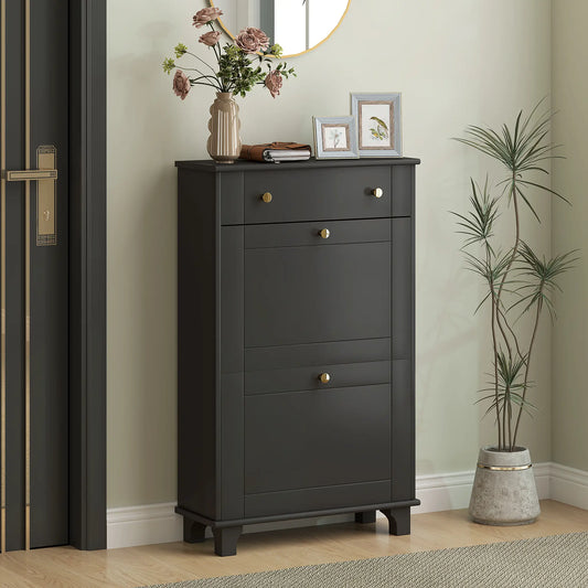 Slim Shoe Storage, 2 Flip Drawers, Adjustable Shelves, 8 Pair, Black Shoe Storage Cabinets & Racks Black at Gallery Canada