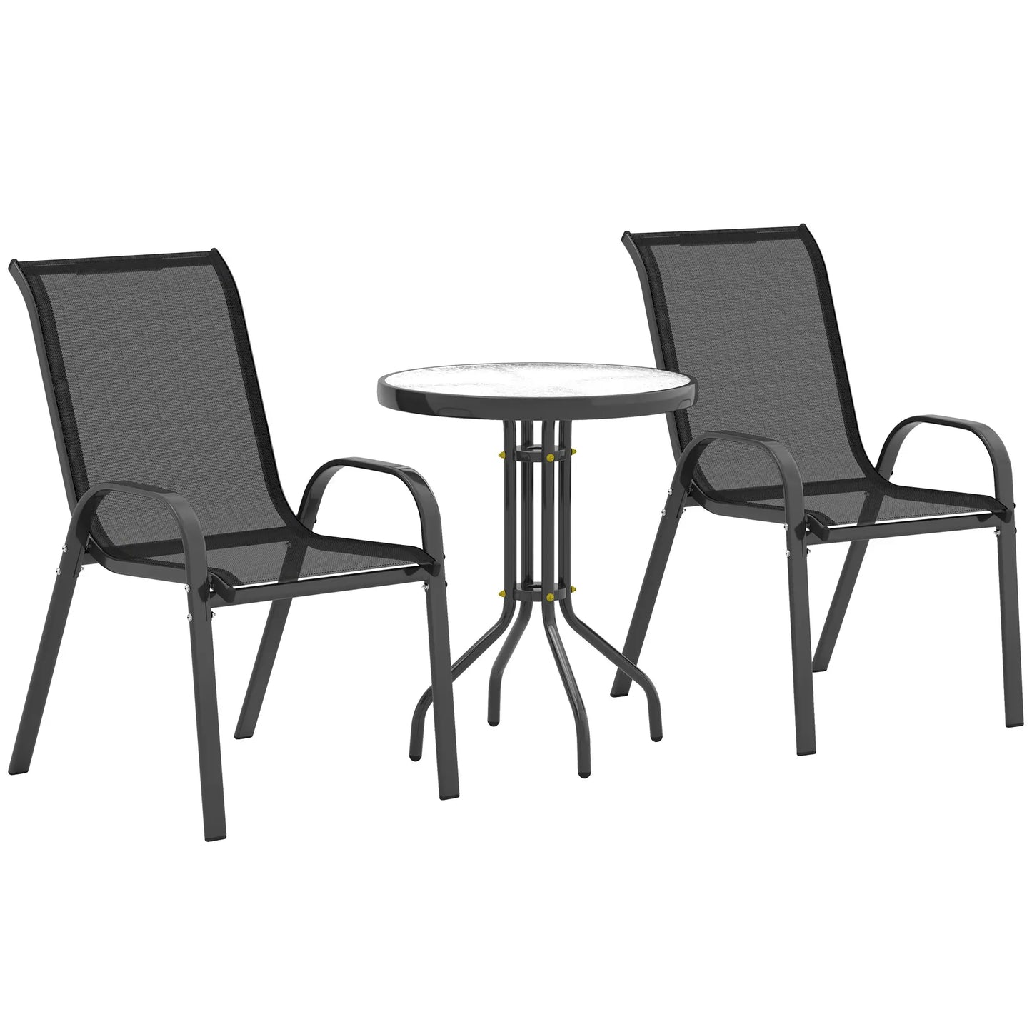 Ensemble Bistro 3 Pièces, Chaises en Maille Empilables, Table en Verre, Noir