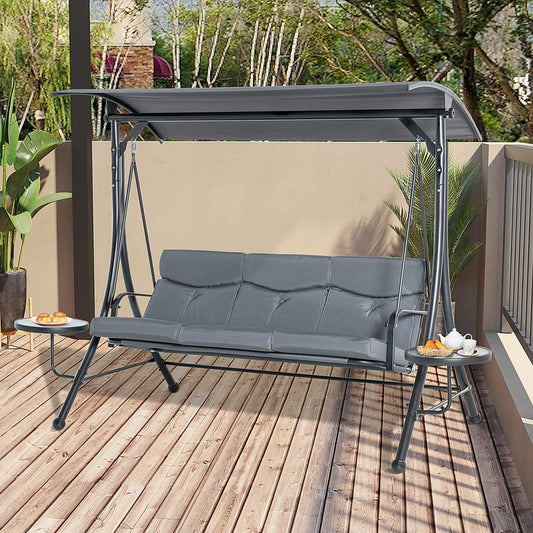 3 Seat Outdoor Swing Chair, Steel Bench With Canopy, Coffee Tables, Cushion, Dark Grey