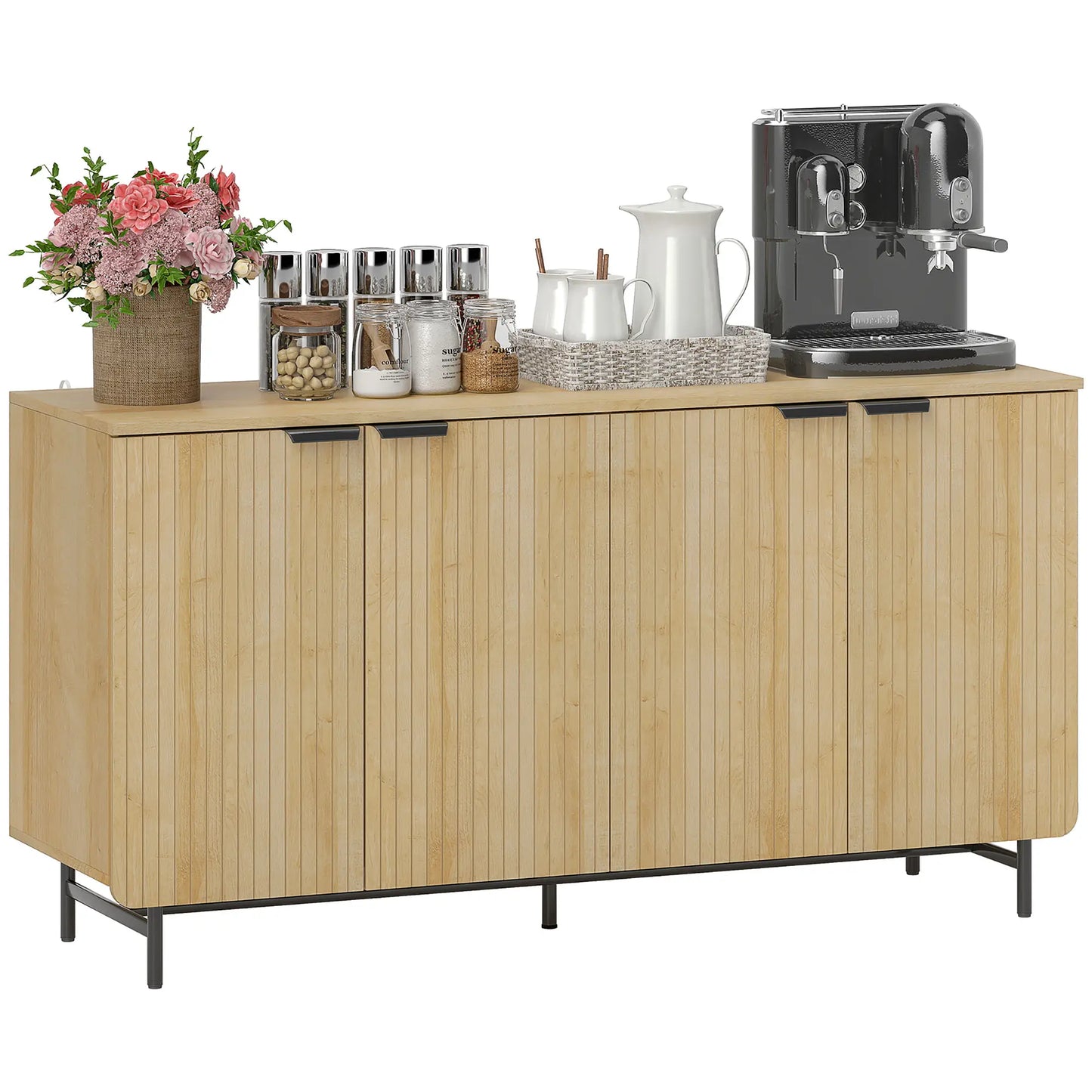 55" Modern Sideboard, Fluted Buffet Cabinet, Adjustable Shelves, 5 Metal Legs, Nature Wood Storage Cabinets at Gallery Canada