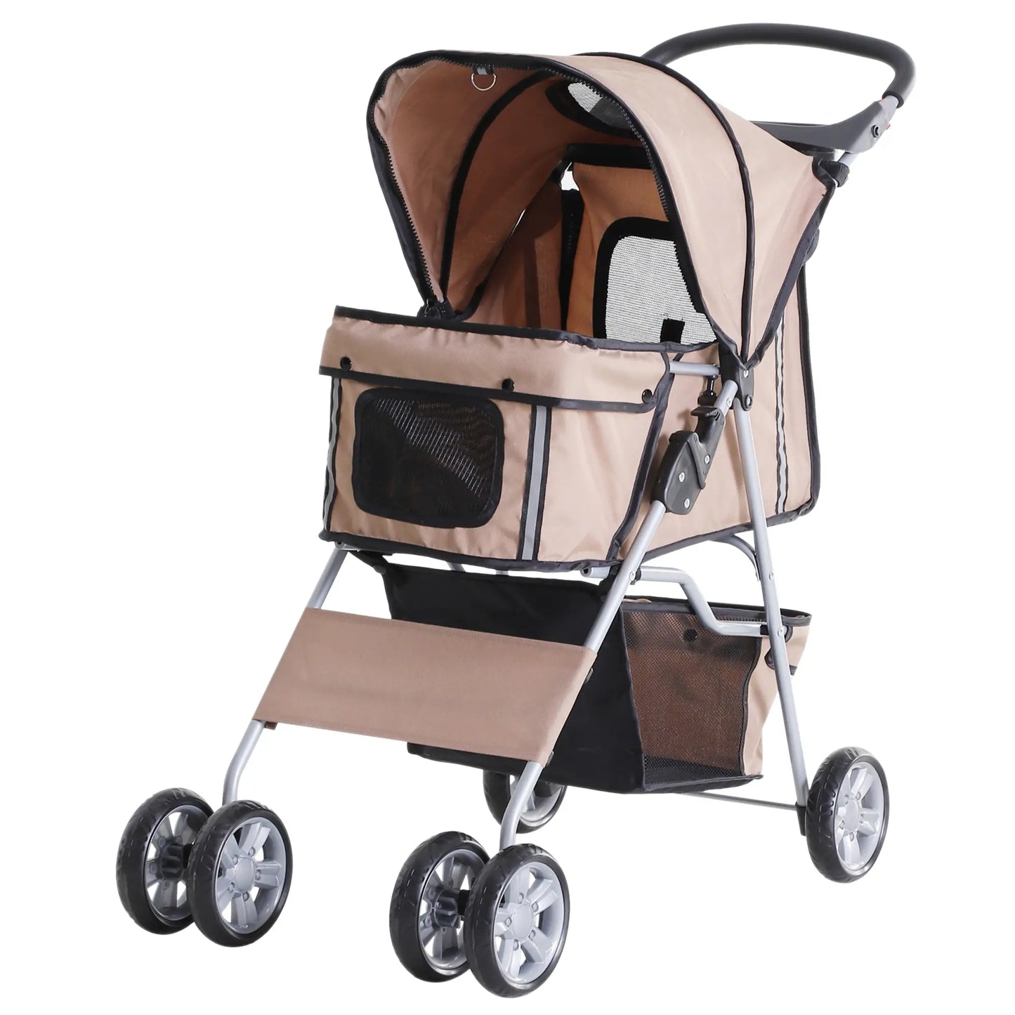 4 Wheel Dog Pet Stroller, Folding Sunshade Canopy, Brake, Safety Leash, Cup Holder, Brown Dog Bike Trailers & Strollers at Gallery Canada