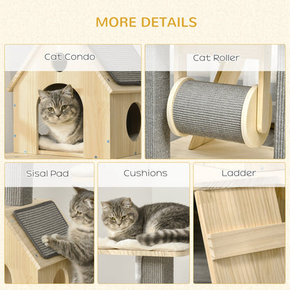 49" Cat Tree Kitty Activity Center Wooden Cat Climbing Toy Pet Furniture with Cat Condo Cat Roller Ladder Cushions Sisal Scratching Post Pad, Natural at Gallery Canada