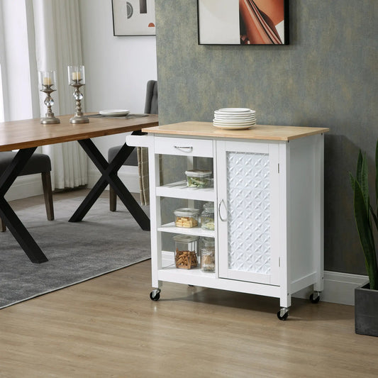 Kitchen Cart on Wheels, Embossed Door Panel, Storage Drawer, White Kitchen Islands & Kitchen Carts White at Gallery Canada