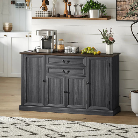 Farmhouse Sideboard with Charging Station, 58 Inch Buffet Cabinet, 2 Soft Close Drawers, Black