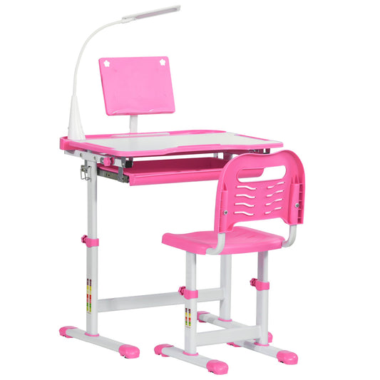 Kids Desk and Chair Set Height Adjustable Student Writing Desk Children School Study Table with Tilt Desktop, LED Lamp, Pen Box, Drawer, Reading Board, Cup Holder, Pink - Gallery Canada